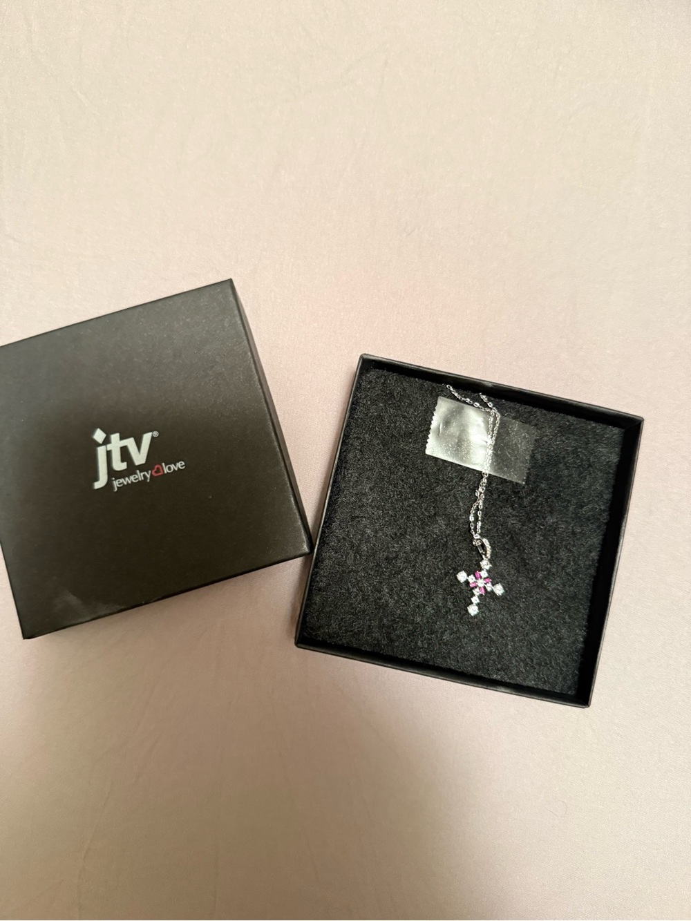 JTV Silver Cross Pendant Necklace with Pink and White Stones
